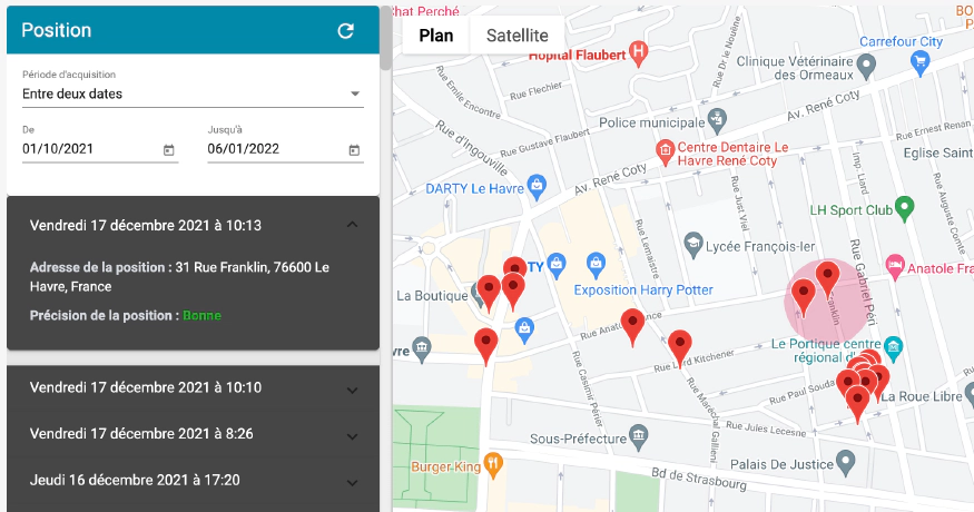 relevés de position, points de géolocalisation sur une carte